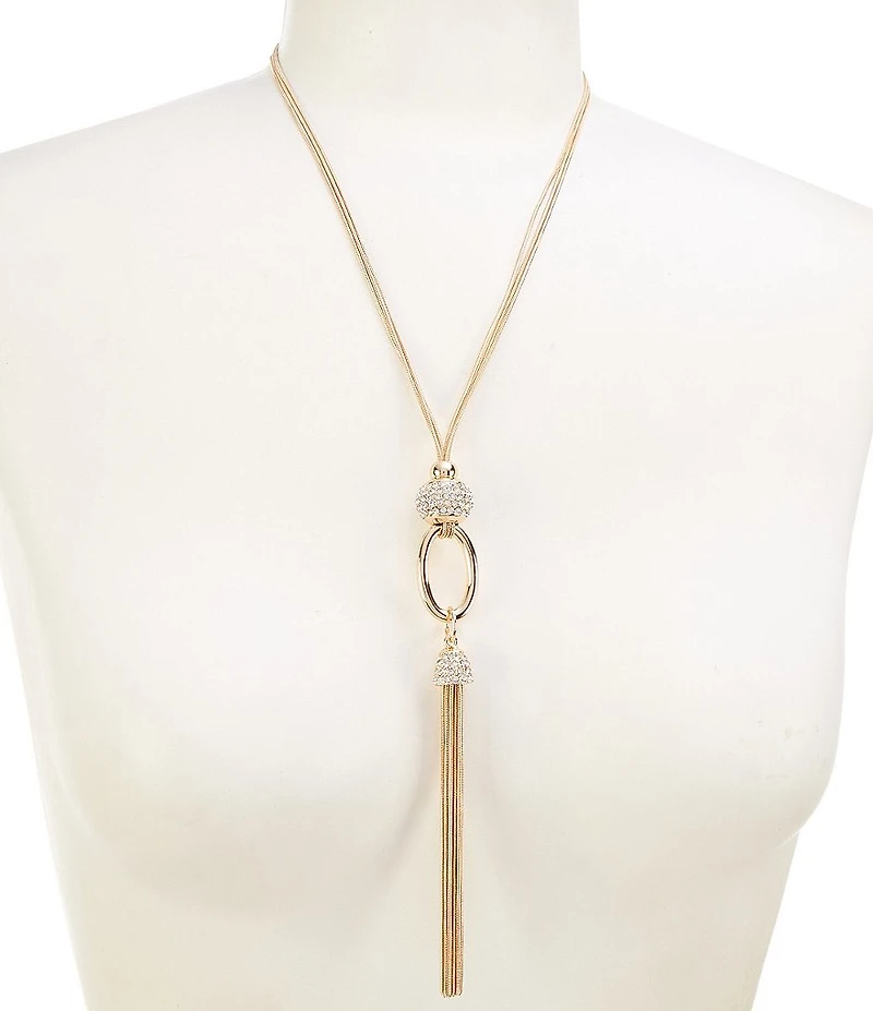 Dillard's Oval Metal Crystal Pave Stone Tassel Y Necklace