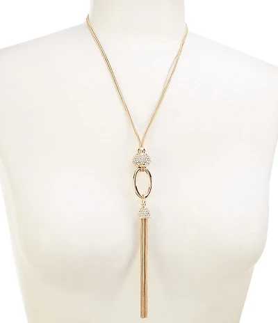 Dillard's Oval Metal Crystal Pave Stone Tassel Y Necklace