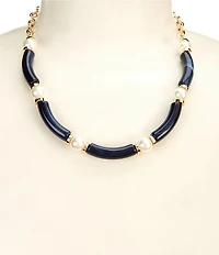 Dillard's Pearl & Navy Swirl Tube Bead Frontal Collar Necklace