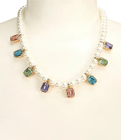 Dillard's Pearl Strand Rectangle Multi Color Stone Drop Collar Necklace