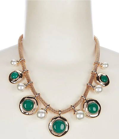 Dillard's Wobbly Metal Green Stone & Pearl Drop Frontal Statement Necklace