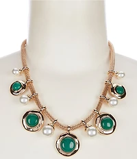 Dillard's Wobbly Metal Green Stone & Pearl Drop Frontal Statement Necklace