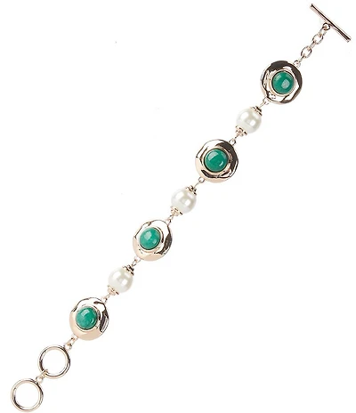 Dillard's Wobbly Metal Green Stone & Pearl Line Bracelet