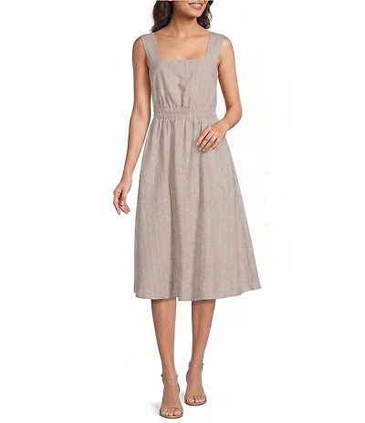 Donna Karan Pinstripe Linen Blend Square Neck Sleeveless Cutout Back Smocked A-Line Midi Dress