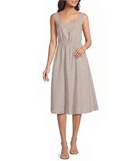 Donna Karan Pinstripe Linen Blend Square Neck Sleeveless Cutout Back Smocked A-Line Midi Dress