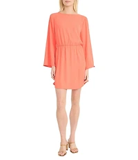 Donna Morgan Woven Crew Neck Long Sleeve Blouson Mini Dress