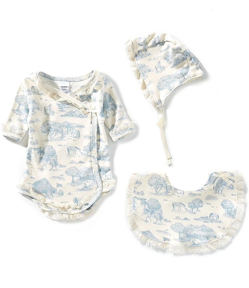 Edgehill Collection Baby Girls Toile Long Sleeve Wrap Front Bodysuit, Bonnet, & Booties Set