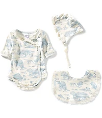 Edgehill Collection Baby Girls Toile Long Sleeve Wrap Front Bodysuit, Bonnet, & Booties Set