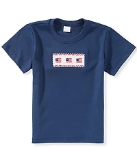 Edgehill Collection Little Boys Knit Smocked Flag Embroidery T-Shirt