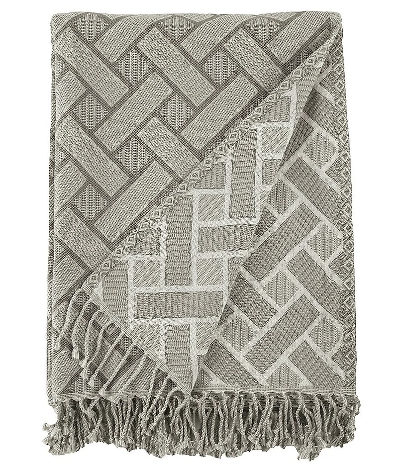 ELISABETH YORK Leighton Jacquard Weave Basketry Pattern Tassel Fringe Shale Throw Blanket
