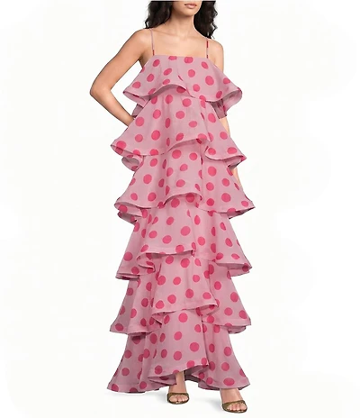 ELLIATT Sola Georgette Polka Dot Square Neck Sleeveless Tiered Maxi Dress
