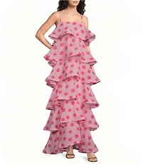 ELLIATT Sola Georgette Polka Dot Square Neck Sleeveless Tiered Maxi Dress