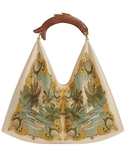 Farm Rio Tropical Palm Tree Satin Scarf Fish Handle Tote Bag