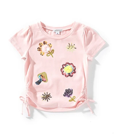 Flapdoodles Little Girls Short Sleeve Cinched Embroidery Sequins Top
