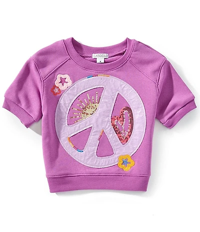 Flapdoodles Little Girls Sequin Embroidered Peace Sign Short Sleeve Top