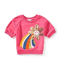Flapdoodles Little Girls Short Sleeve Sequin Embroidered Rainbow Top