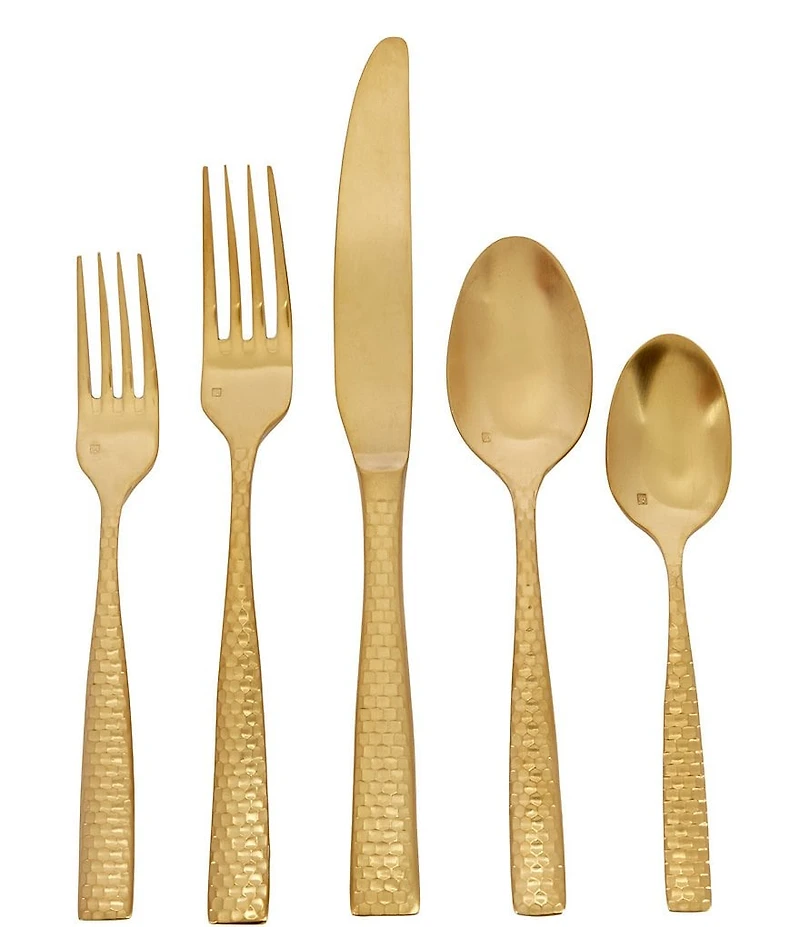 Fortessa Lucca Faceted Brushed Gold 5-Piece Stainless Steel Flatware Set
