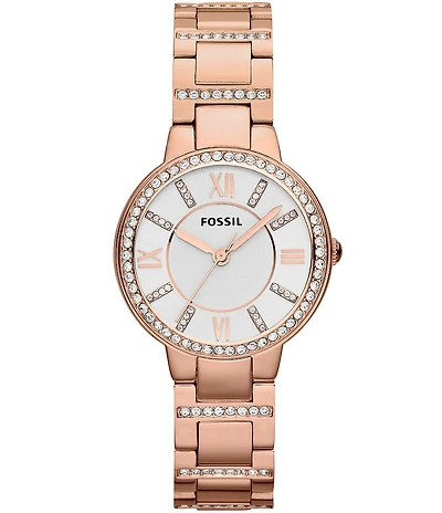 Fossil Virginia Rose Gold Stainless Steel Clear Stone 3 Hand Bracelet Watch