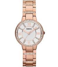 Fossil Virginia Rose Gold Stainless Steel Clear Stone 3 Hand Bracelet Watch
