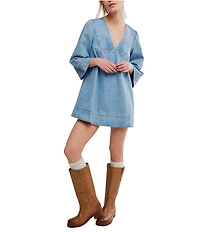 Free People Goldie V-Neck Long Sleeve Denim Mini Dress