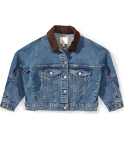GB Big Girls Corduroy Collar Long Sleeve Denim Jacket