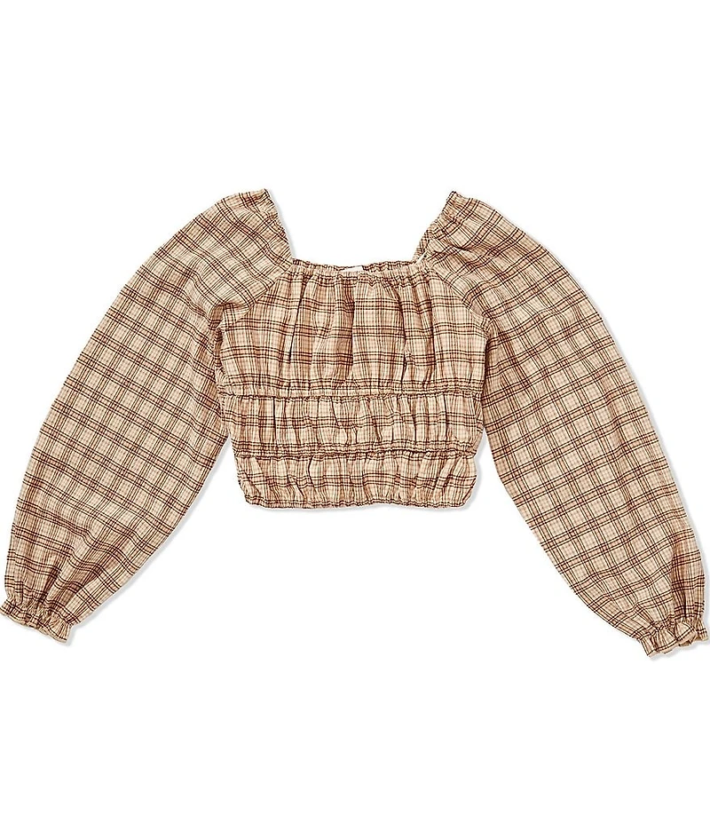 GB Big Girls Long Sleeve Off The Shoulder Woven Plaid Top
