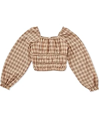 GB Big Girls Long Sleeve Off The Shoulder Woven Plaid Top