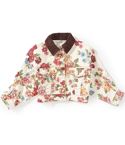 GB Little Girls Corduroy Collar Floral Denim Jacket