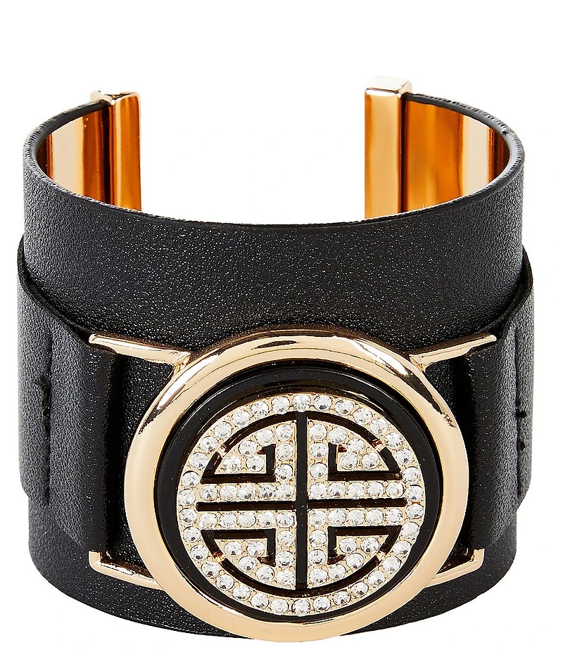 Gemma Layne Crystal Pave Greek Key Wide Leather Statement Cuff Bracelet