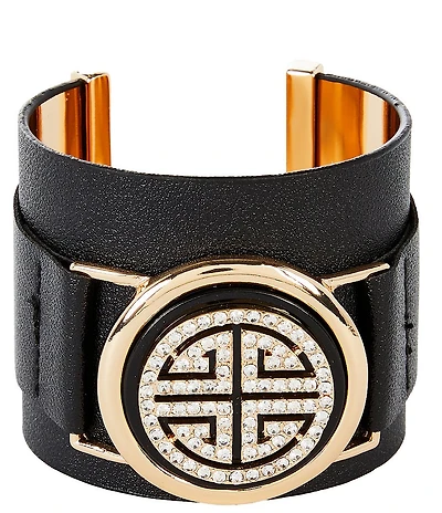 Gemma Layne Crystal Pave Greek Key Wide Leather Statement Cuff Bracelet