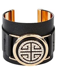 Gemma Layne Crystal Pave Greek Key Wide Leather Statement Cuff Bracelet