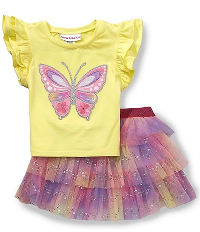 Girls Like Us Flutter Sleeve Butterfly Appliqued Top & Ombre Mesh Skirt Set