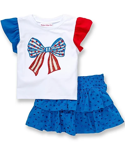 Girls Like Us Little Girls Cap-Sleeve Color Block Bow-Appliqued Americana Top & Coordinating Printed Skort Set