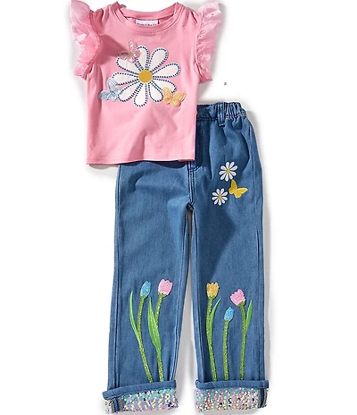 Girls Like Us Little Girls Flutter-Sleeve Flower-Patch T-Shirt & Tulip-Embroidered-Appliqued Pants Set