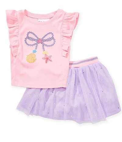 Girls Like Us Little Girls Ruffle Sleeve Sequin Sea Shell Applique Embroidered Tank Top & Sparkle Rhinestone Skort Set