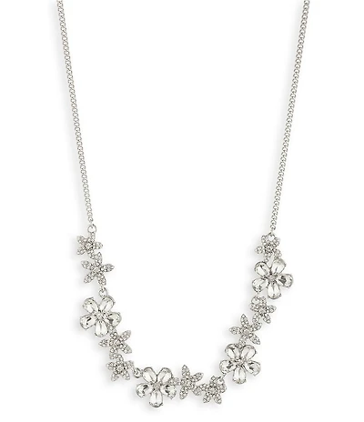 Givenchy Silver Tone Crystal Floral Frontal Collar Necklace