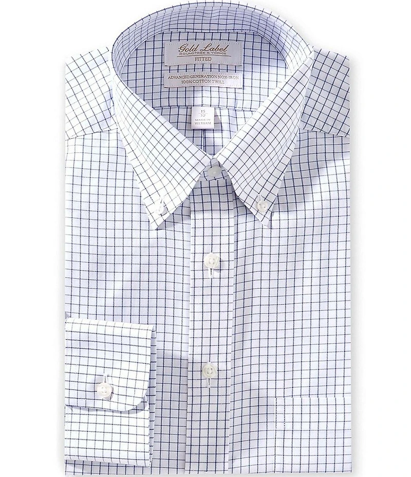 Gold Label Roundtree & Yorke Fitted Non-Iron Button-Down Collar Grid Print Dress Shirt
