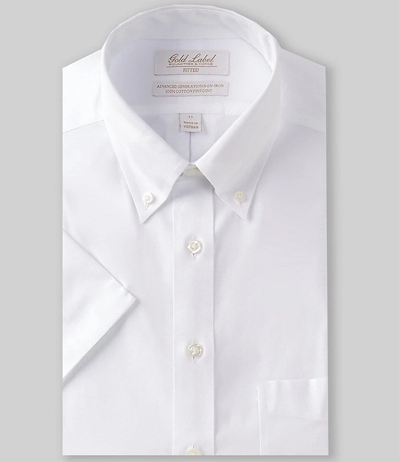Gold Label Roundtree & Yorke Fitted Non-Iron Solid Short-Sleeve Button-Down Collar Dress Shirt