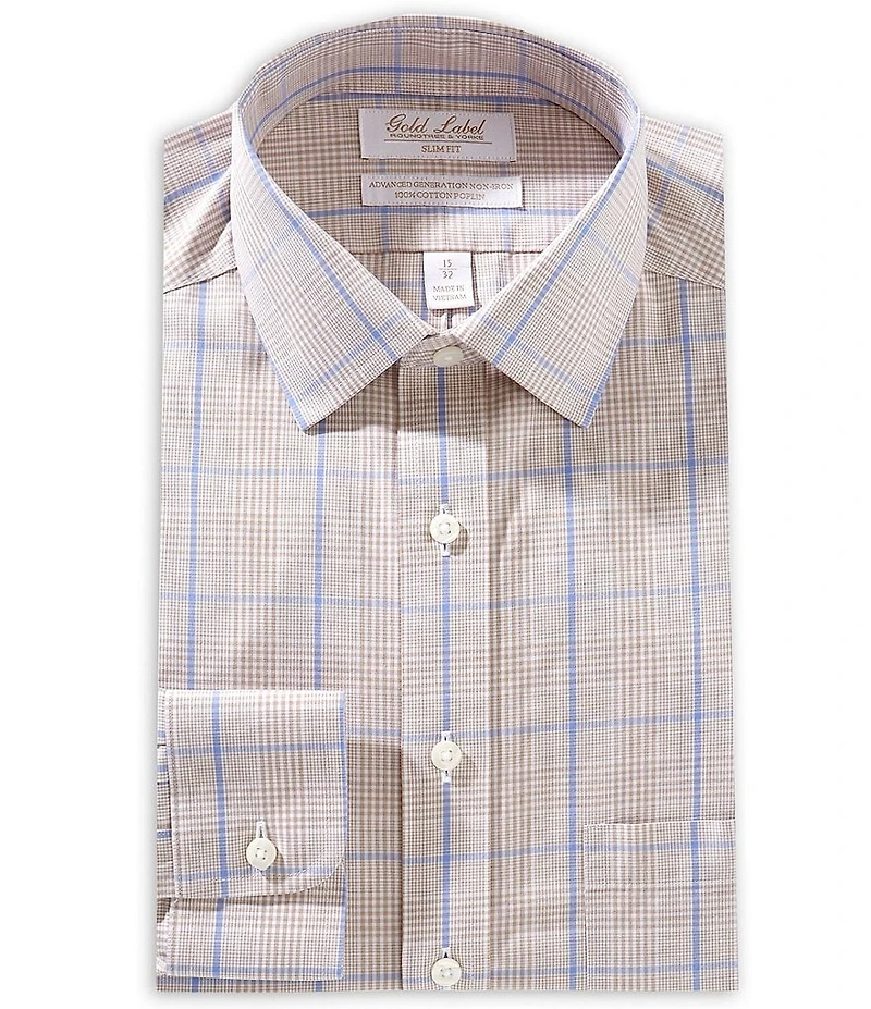 Gold Label Roundtree & Yorke Slim-Fit Non-Iron Spread Collar Windowpane Glen Plaid Dress Shirt