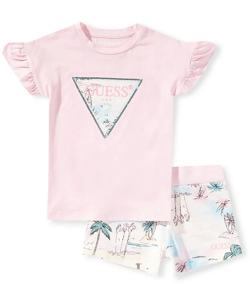 Guess Little Girl Embroidered Short Ruffle Sleeve Active T-Shirt & Matching Fleece Shorts Set