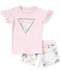 Guess Little Girl Embroidered Short Ruffle Sleeve Active T-Shirt & Matching Fleece Shorts Set