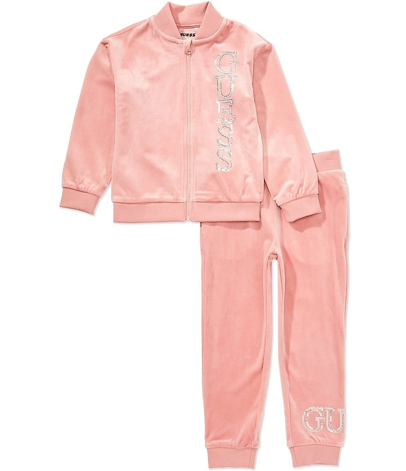 Guess Little Girls Long-Sleeve Sequin-Embellished-Logo Velour Jacket & Matching Velour Jogger Pants Set