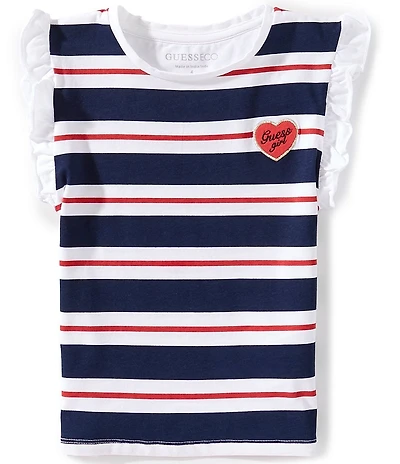 Guess Little Girls Ruffled-Cap-Sleeve Striped Heart-Patch T-Shirt