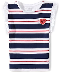 Guess Little Girls Ruffled-Cap-Sleeve Striped Heart-Patch T-Shirt