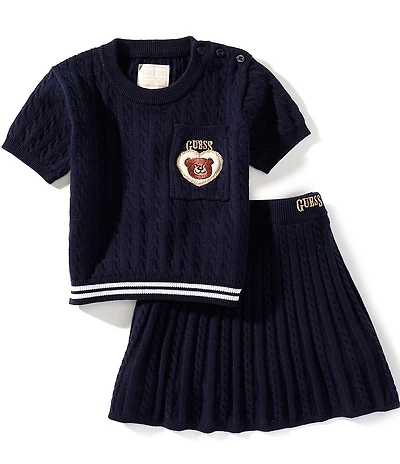 Guess Little Girls Short Sleeve Embroidered Patch Wool-Blend Sweater & Matching Pleated Skirt Set