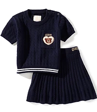 Guess Little Girls Short Sleeve Embroidered Patch Wool-Blend Sweater & Matching Pleated Skirt Set