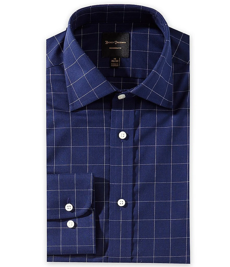 Hickey Freeman Modern Fit Spread Collar Window Pane Print Dress Shirt