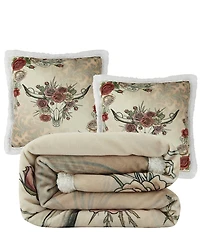 HiEnd Accents x Indigo Hill Rowena Longhorn Campfire Western Blooming Roses Sherpa Accent Pillow & Throw Blanket Mini Set