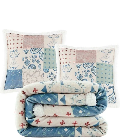 HiEnd Accents x Indigo Hill Western Patchwork Paisley Campfire Sherpa Accent Pillow & Throw Blanket Mini Set