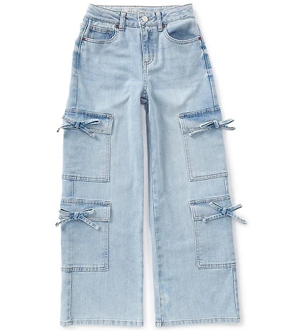 Hippie Girl Little Girls Bow Accented Flap Pocket Wide Leg Jeans